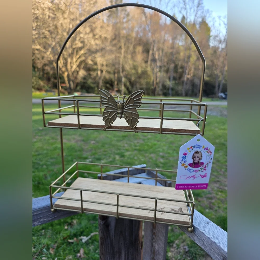 Dolly Parton 2 Tier Butterfly Serving Tray Server Shelf Wood and Metal Signature